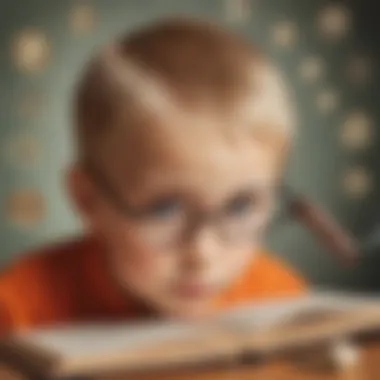 Analytical Reading Enhancement Illustration featuring a magnifying glass over a child's brain with various reading-related icons