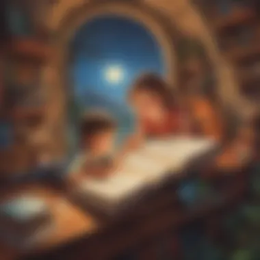Literary Wonderland Journey Illustration portraying a parent and child exploring a magical world through a book together
