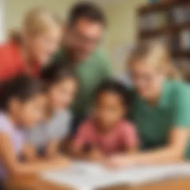 Collaboration Between Parents and Children for Learning Parents working with children on reading comprehension exercises.