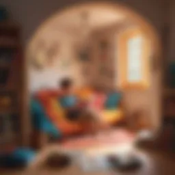 A child immersed in reading a colorful book, surrounded by a cozy nook.