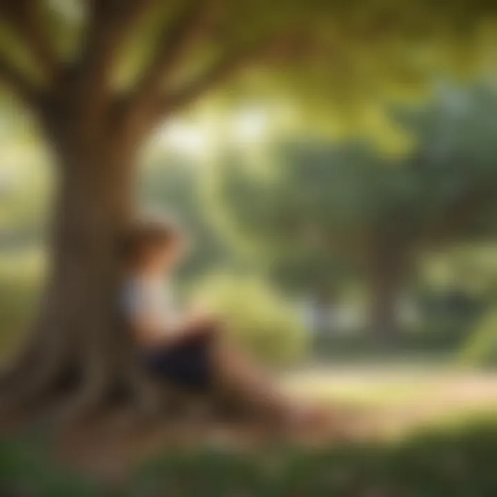 Young child engrossed in reading under a tree