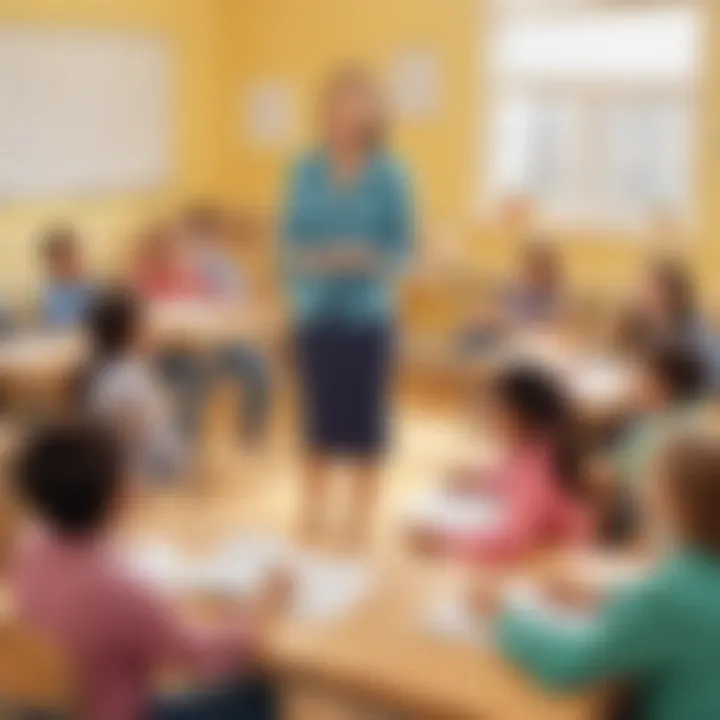 Illustration of a teacher facilitating a speaking exercise in the classroom