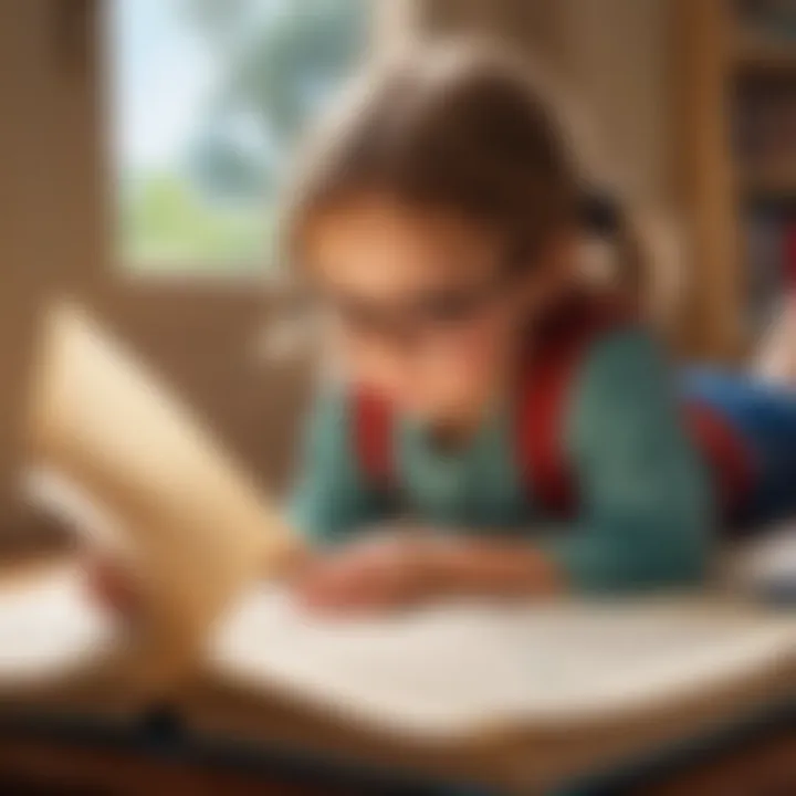 Illustration of a child enthusiastically reading a book