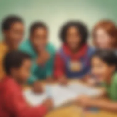 Illustration of a diverse group of children engaged in a word-building activity