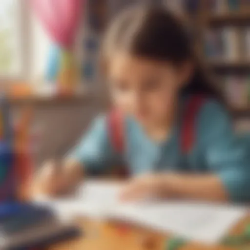 Child engaged in creative writing activity with colorful materials.