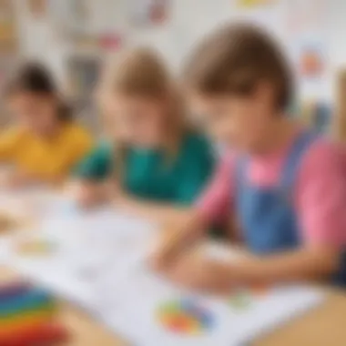 Children engaged in learning activities using colorful worksheets.