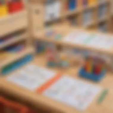 An organized workspace featuring neatly arranged kindergarten worksheets.