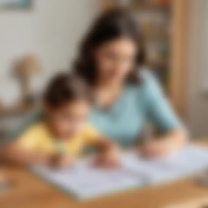 A parent assisting a child with educational worksheets at home.