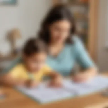 Parent-Child Learning Interaction A parent assisting a child with educational worksheets at home.