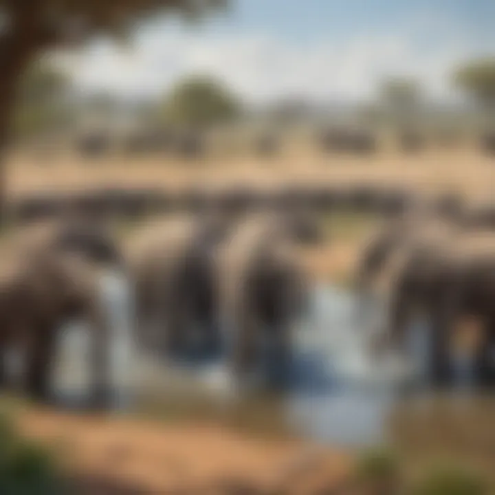 Illustration of a group of elephants gathering around a water source