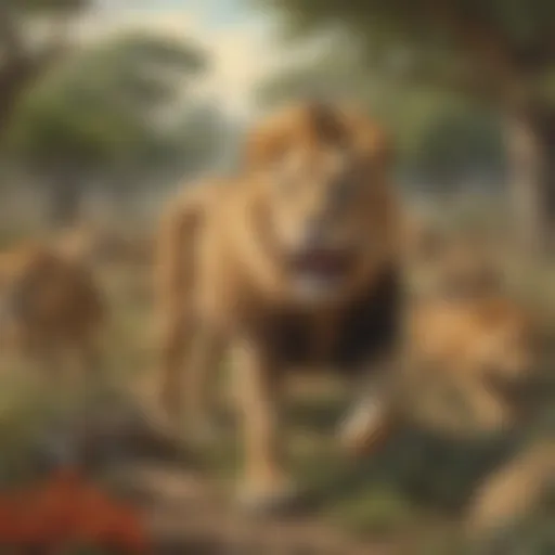 Illustration of a lion hunting for food in the wild