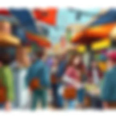 Everyday Conversations in the Marketplace Close-up of a vibrant marketplace bustling with activity and vendors