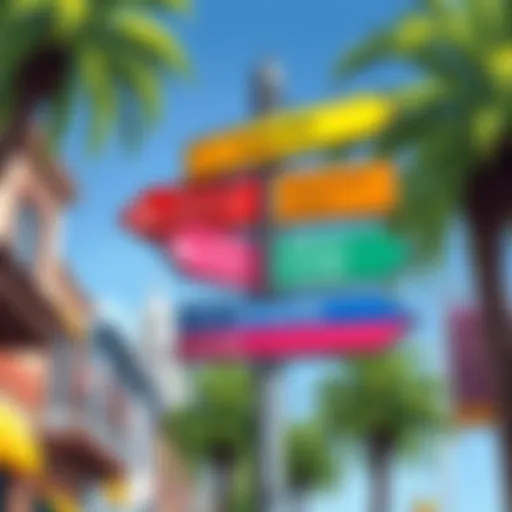 A colorful street sign indicating various locations in a Spanish-speaking city