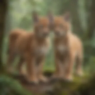 Eurasian lynx cubs playfully exploring their surroundings