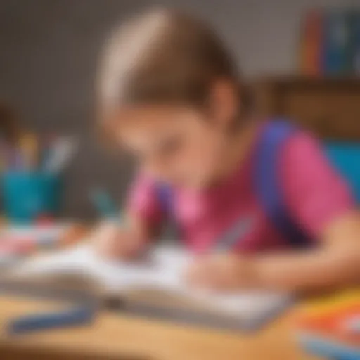 A child absorbed in writing in a colorful notebook.