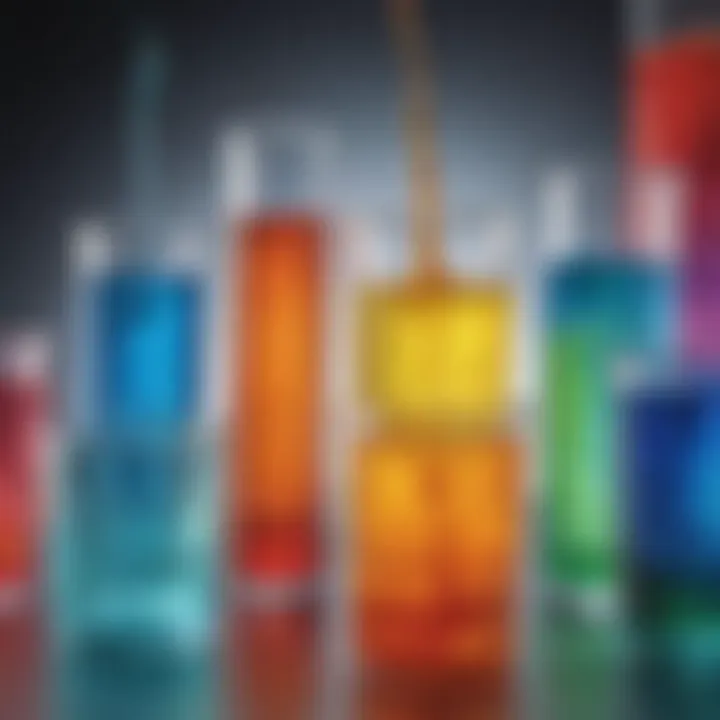 A vibrant display of liquids in clear containers showcasing different colors and densities.