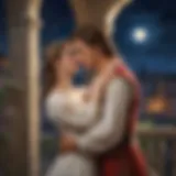 Illustration of Romeo and Juliet embracing under the moonlight