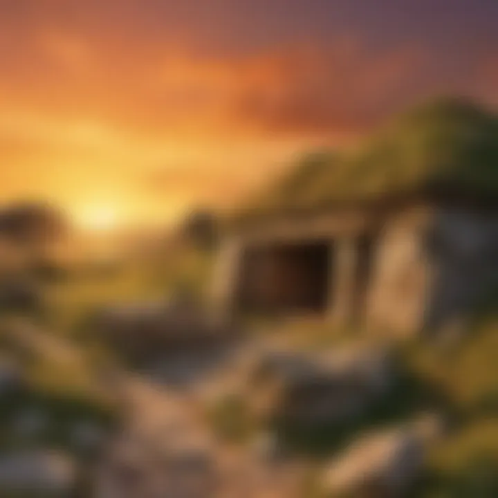 Ruins of a prehistoric passage tomb at sunset