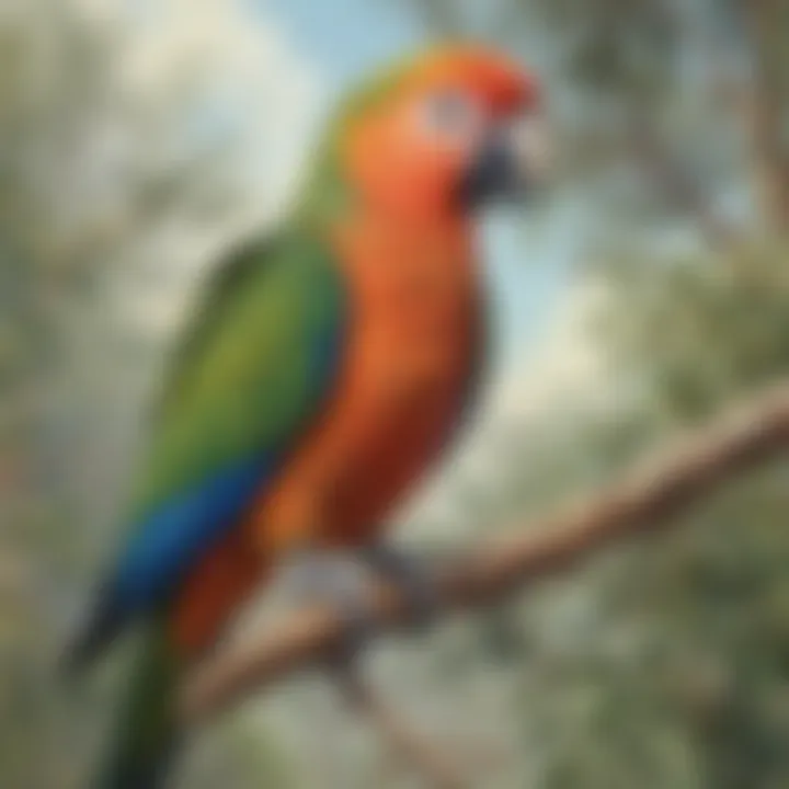 Colorful Australian parrot perched on a eucalyptus tree