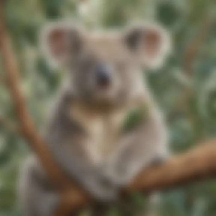 Graceful koala bear peacefully resting on a eucalyptus branch