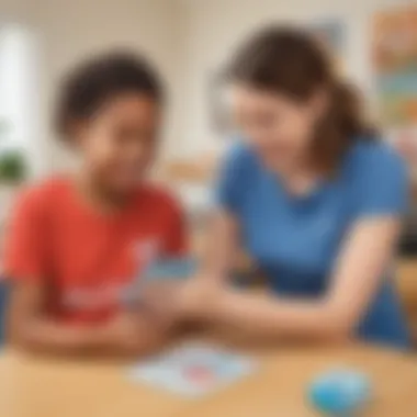 Supportive Learning Environment A caregiver assisting a child with a vocabulary flash card app