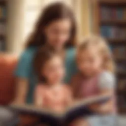 Vibrant illustration of a big sister sharing a book with her younger sibling