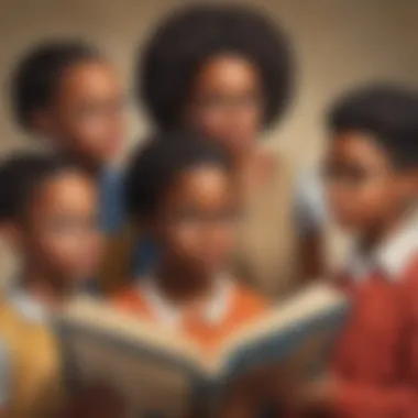 Illustration of a diverse group of fifth-grade students discussing black history books