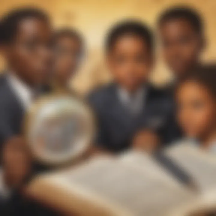 Illustration of a magnifying glass focusing on significant black history events in a book