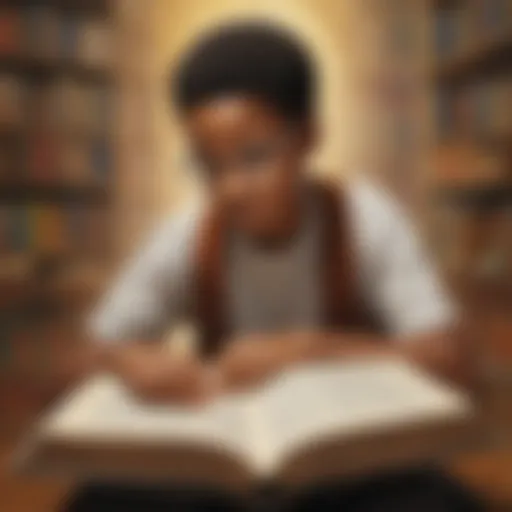 Illustration of a young student engrossed in reading a black history book