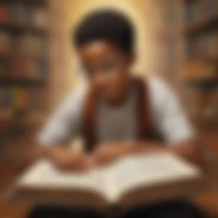 Illustration of a young student engrossed in reading a black history book