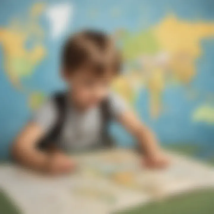 Illustration showing a child exploring a blank map of the world