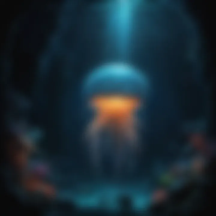 Bioluminescent creatures illuminating the dark ocean abyss