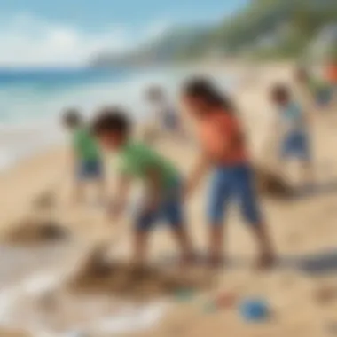 Illustration of kids cleaning up a beach