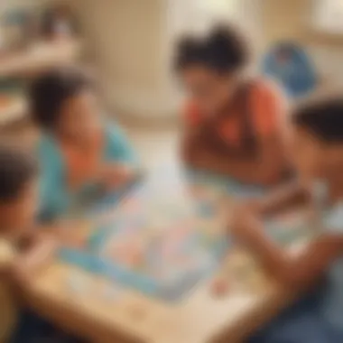 Illustration of a diverse group of children improving their language skills through the alphabet bingo board game