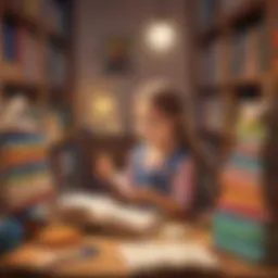 A child engaging in a storytelling activity with colorful books.