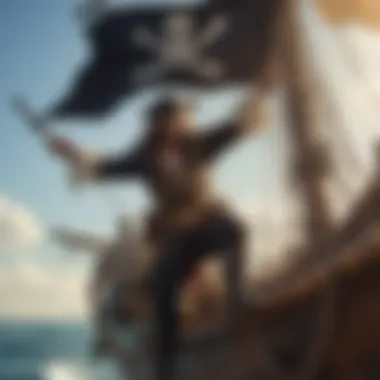 Illustration of a pirate hoisting a Jolly Roger flag on a conquered ship