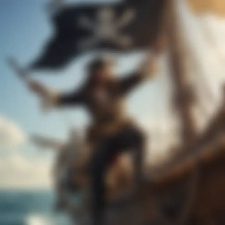 Illustration of a pirate hoisting a Jolly Roger flag on a conquered ship