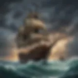 Illustration of a pirate ship navigating stormy seas