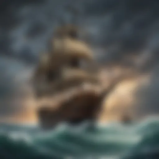 Illustration of a pirate ship navigating stormy seas