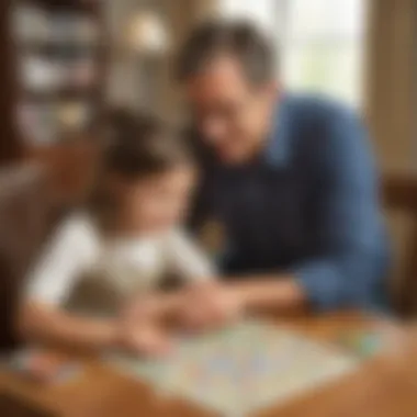 Parent-Child Interaction with the Five Letter Word Game A parent helping a child with the five letter word game at home.
