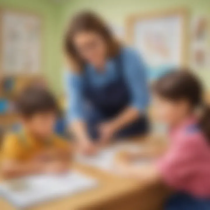 An educator guiding children through fixing sentences activities in a classroom.