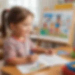 Illustration of engaging kindergarten student with printables