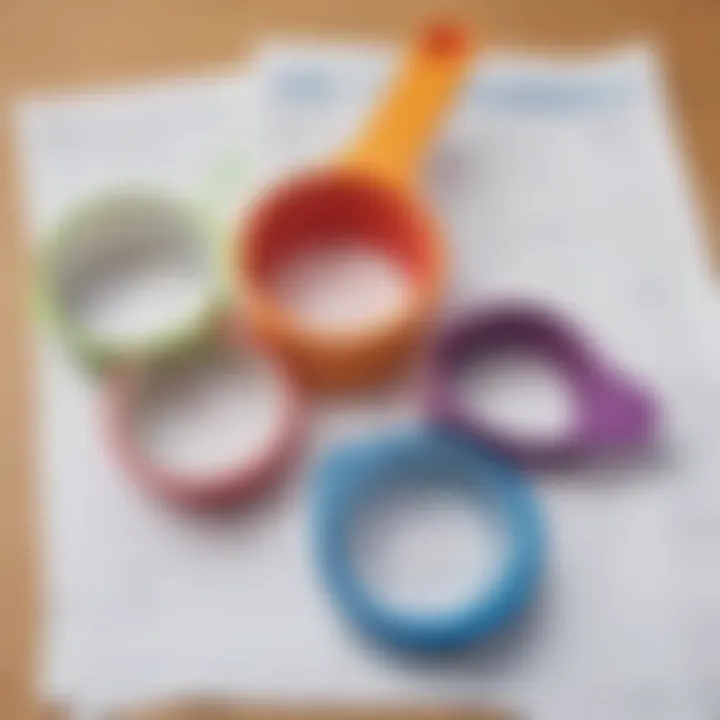 Colorful measuring cups on worksheet