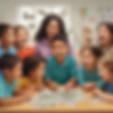 Illustration of a diverse group of kindergarten students engaged in a money-related activity