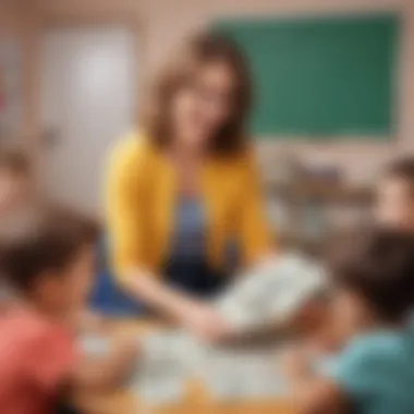 Illustration showing a kindergarten teacher facilitating a money lesson with enthusiasm