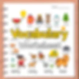 Colorful vocabulary worksheet featuring various words and images for children