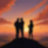 Two silhouettes on a hill under the sunset