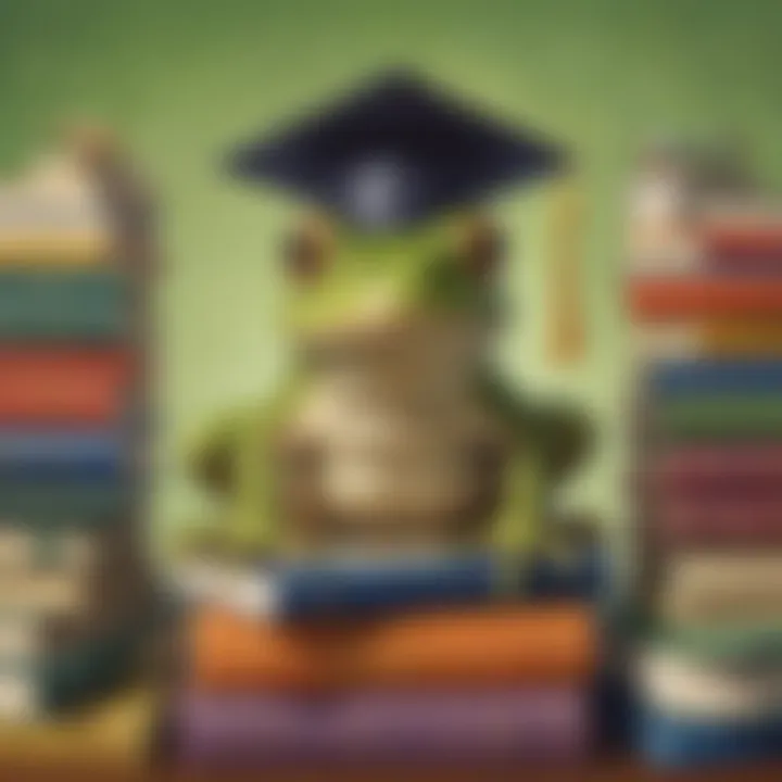 Illustration of a frog wearing a graduation cap surrounded by math books