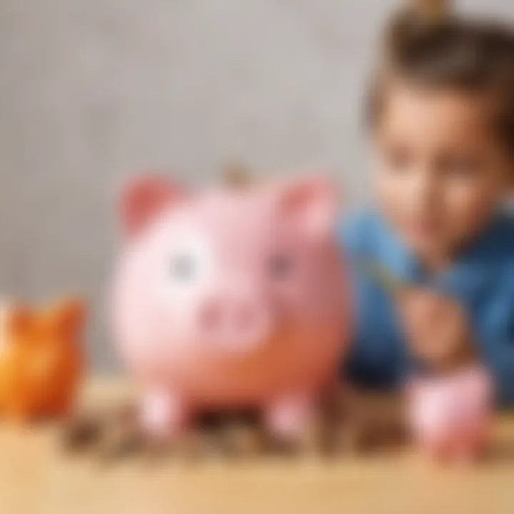 Child counting coins with a piggy bank