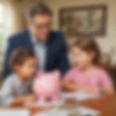 Parents and child discussing saving money